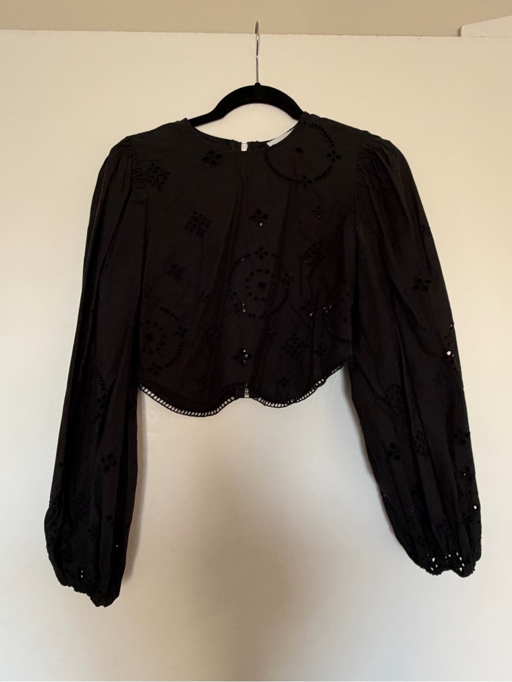 Ganni Black Cotton Broderie Anglaise Puff Sleeve Top